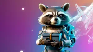 Изображение енота в солнечных очках с скипетром, празднующего с воздушными шарами и золотыми монетами, символизирующее приветственный бонус в Казино Bitz.